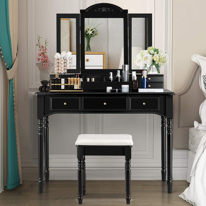 Vanity Set with Tri-Folding Mirror &amp; 8 Necklace Hooks, 7 Drawers, 2 Dividers, 6 Desktop Makeup Organizers - Giantexus