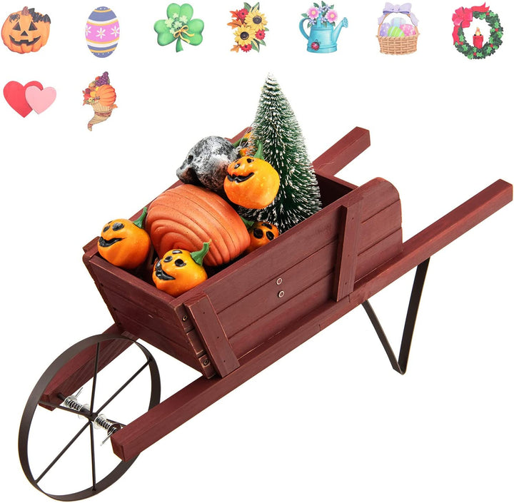 Giantex Wooden Wagon Planter, Small Wheelbarrow Wagon Flower, Indoor &amp; Outdoor Raised Bed