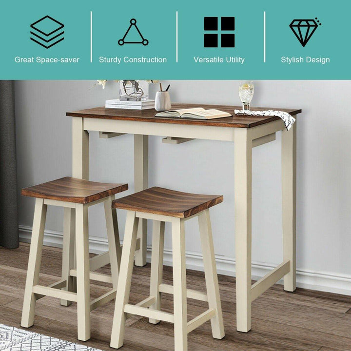 3 Piece Pub Dining Set, Counter Height Pub Table with 2 Saddle Bar Stools, Tavern Collection Table (Brown &amp; Milky White) - Giantexus