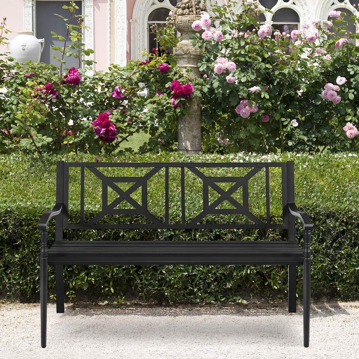Giantex Elegant Loveseat w/Decorative Backrest &amp; Ergonomic Armrest for Outdoor Garden, Backyard, Lawn, Porch, Path (Black)