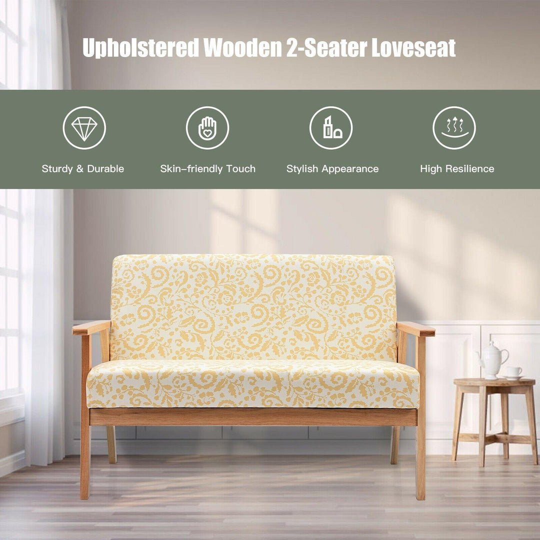 Giantex Mid-Century Wooden Loveseat, Upholstered Wooden Lounge Accent Chair - Giantexus