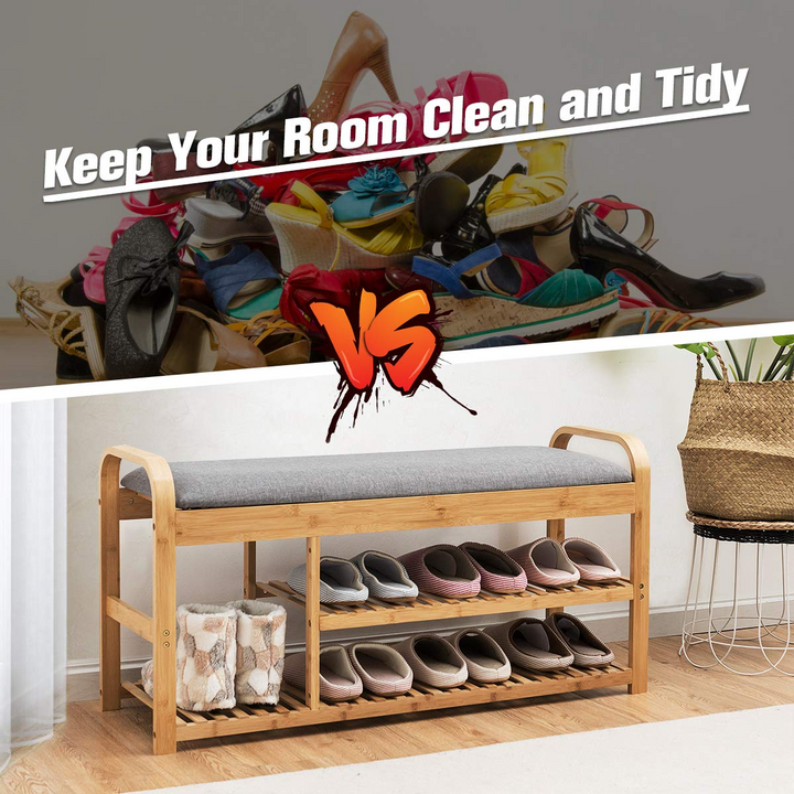 Giantex Shoe Rack Bench, Entryway 3-Tier Bamboo Shoe Organizer with Cushion (Natural and Grey)