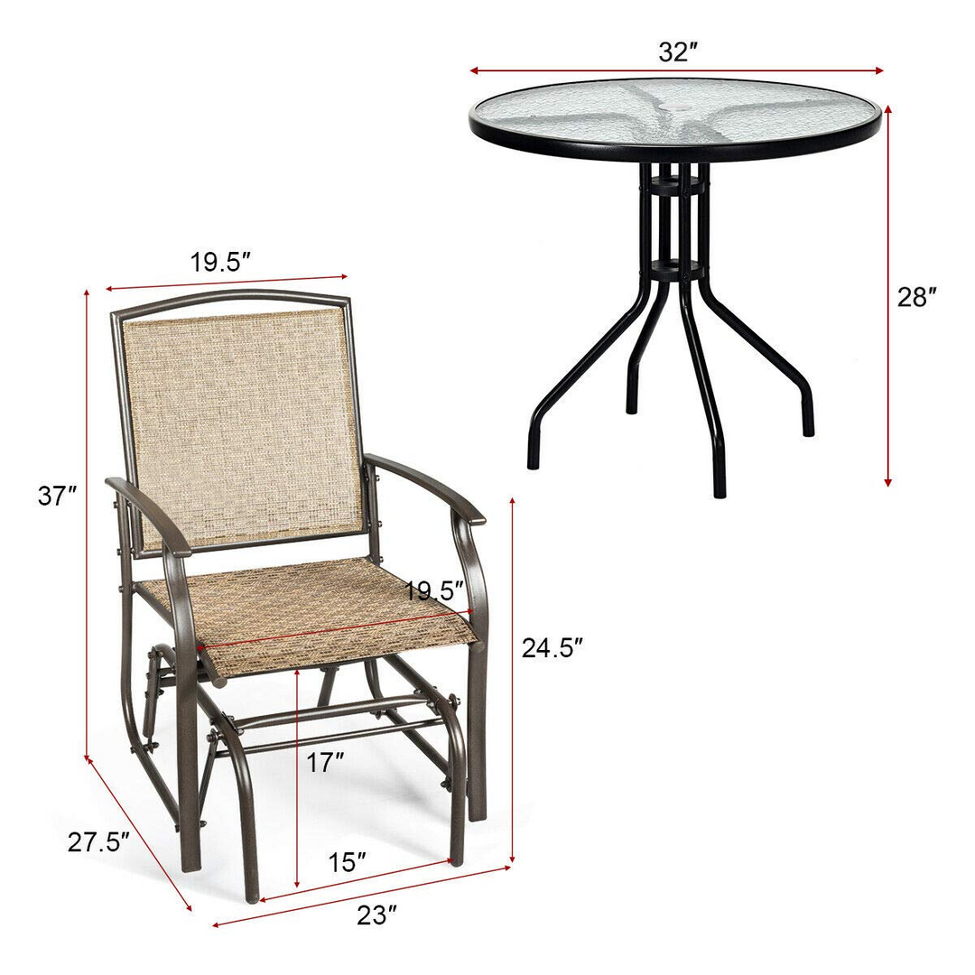 Giantex 3PCS Patio Swing Glider Set with One Glass Table W/Umbrella Hole &amp; Two Rocking Chairs 3 -Piece