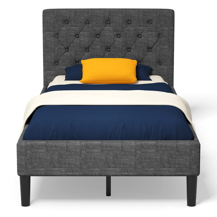 Elegant &amp; Modern Style Twin Size Upholstered Stable Bed Base with Button Stitched Headboard