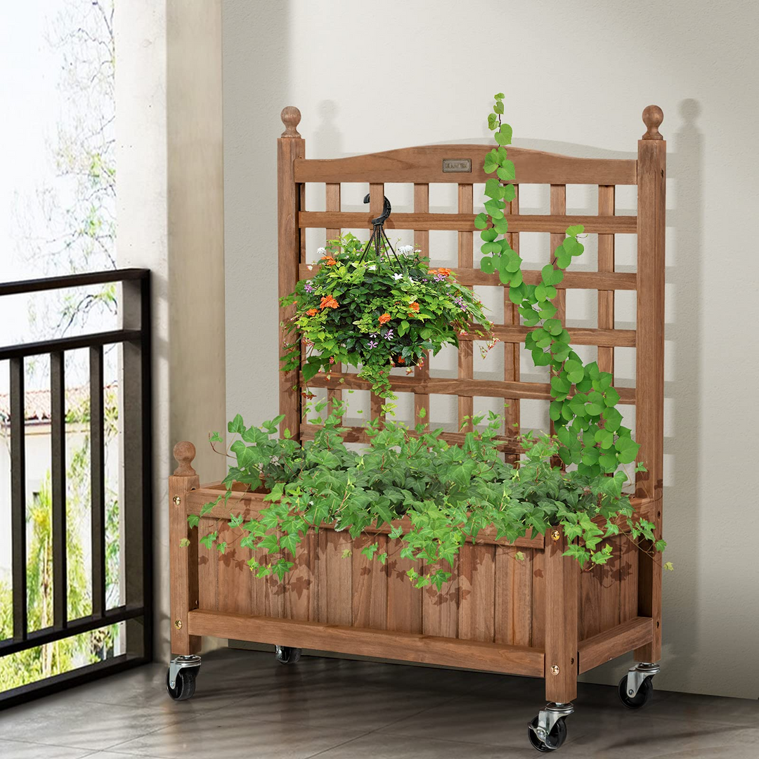 Wood Planter with Lattice Trellis and Wheels, 25&