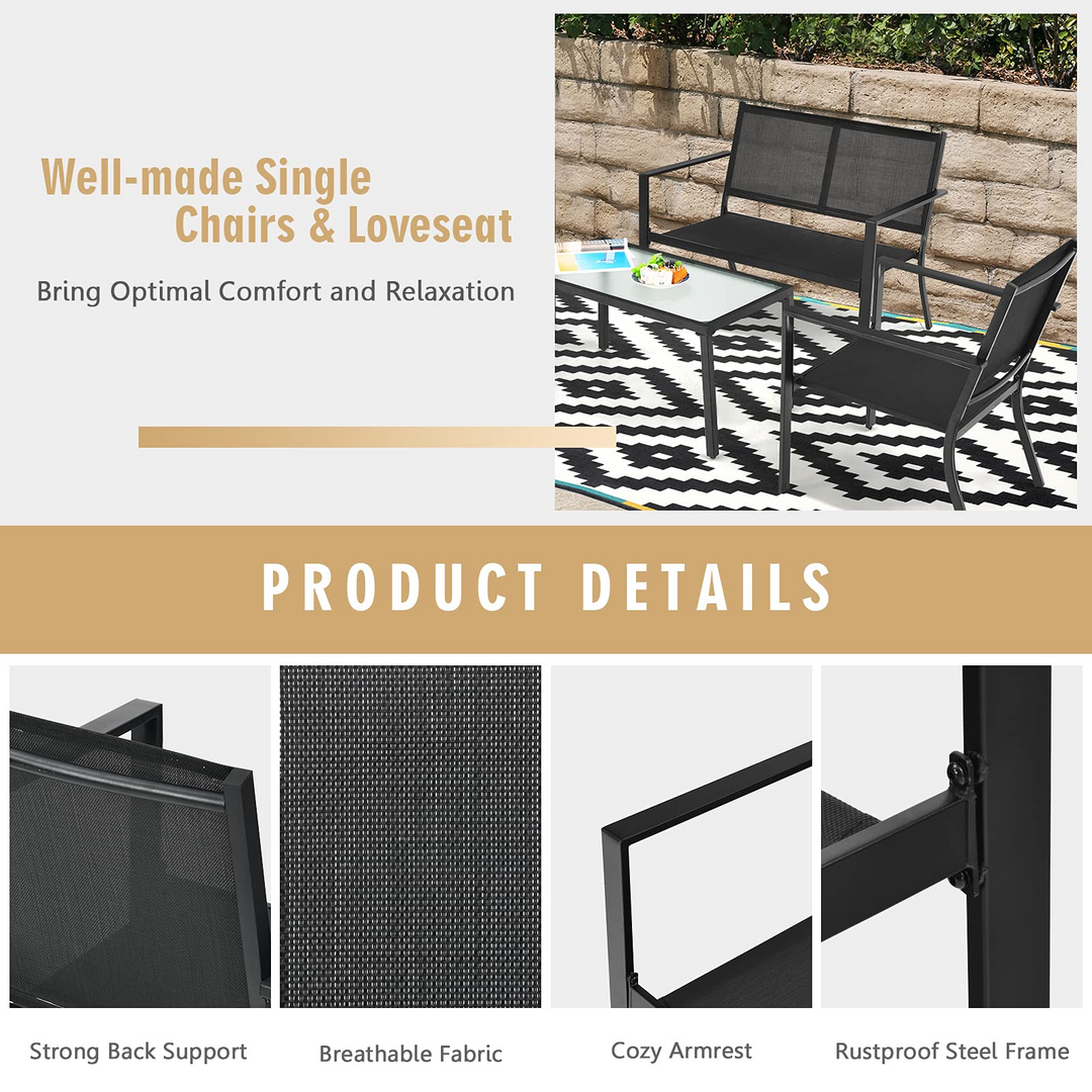 Giantex 4 Pieces Patio Furniture Set, Outdoor Conversation Set, Loveseat Bench with 2 Patio Chairs &amp; Tempered Glass Coffee Table