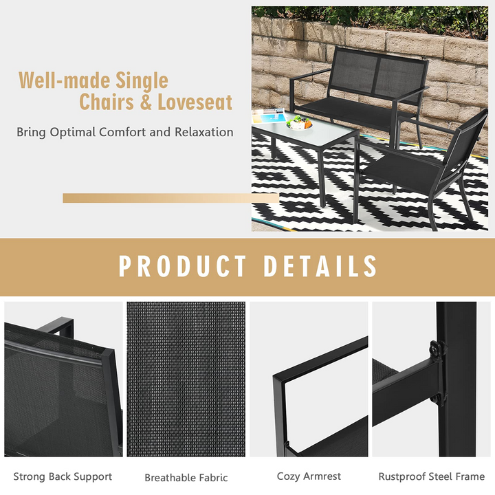 Giantex 4 Pieces Patio Furniture Set, Outdoor Conversation Set, Loveseat Bench with 2 Patio Chairs &amp; Tempered Glass Coffee Table