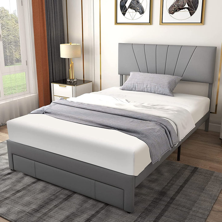 Giantex Upholstered Queen Bed Frame with Drawer, Modern Platform Bed with Storage &amp; Adjustable Headboard