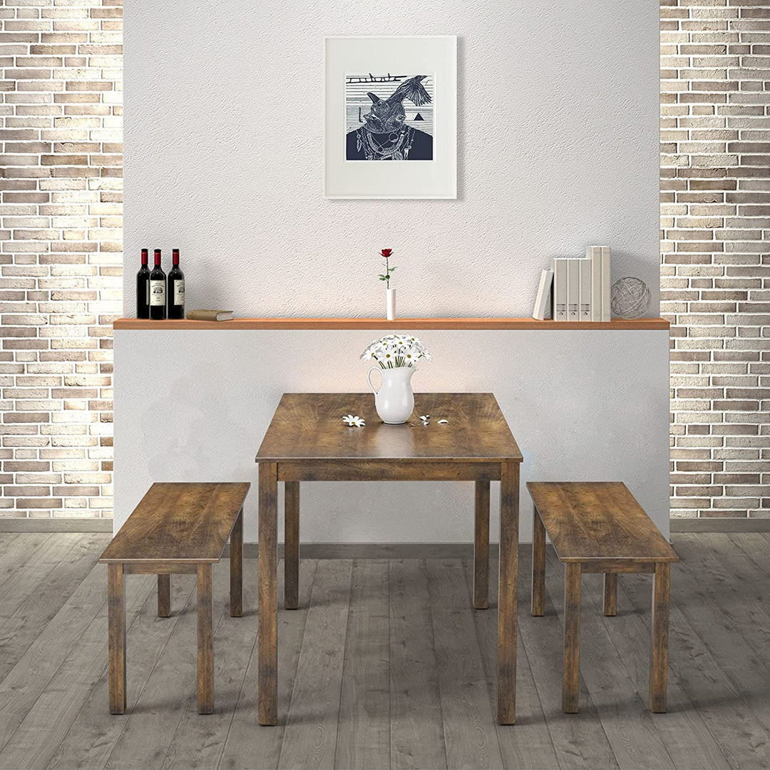 Wooden 3 Pcs Kitchen Dining Room Furniture for 4, Modern Studio Collection Table Set with 2 Benches, Dinette Set