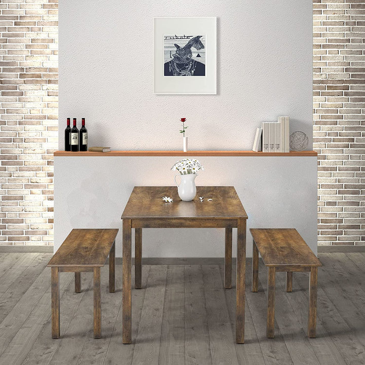 Wooden 3 Pcs Kitchen Dining Room Furniture for 4, Modern Studio Collection Table Set with 2 Benches, Dinette Set