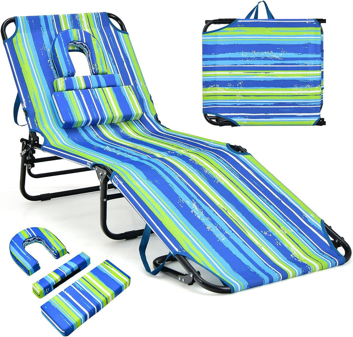 Giantex Folding Beach Tanning Chair - Adjustable Patio Lounge Chair w/Face Hole, Removable Pillows, Carry Strap