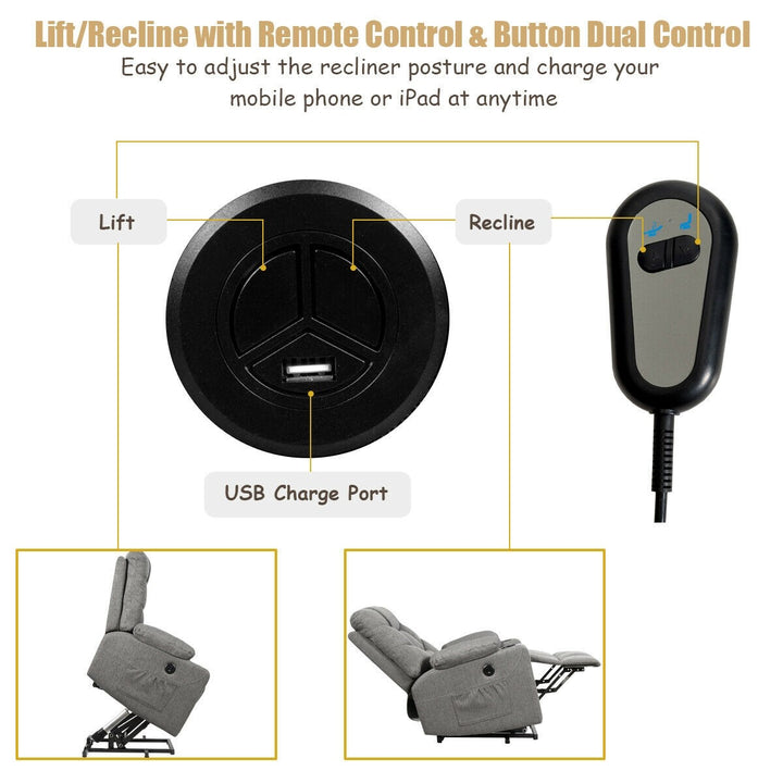 Power Lift Chair w/ 8 Point Massage &amp; Lumbar Heat &amp; 2 Side Pockets Cup Holders USB Charge Port