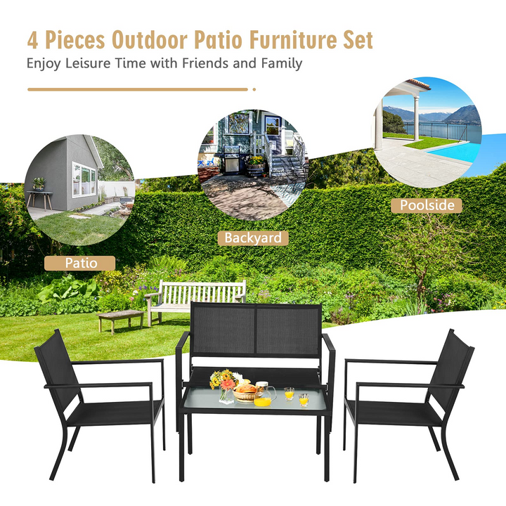 Giantex 4 Pieces Patio Furniture Set, Outdoor Conversation Set, Loveseat Bench with 2 Patio Chairs &amp; Tempered Glass Coffee Table