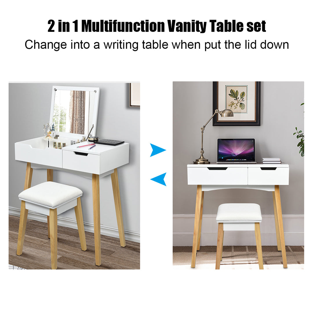 CHARMAID Vanity Table with Flip Top Mirror and Cushioned Stool, White - Giantexus