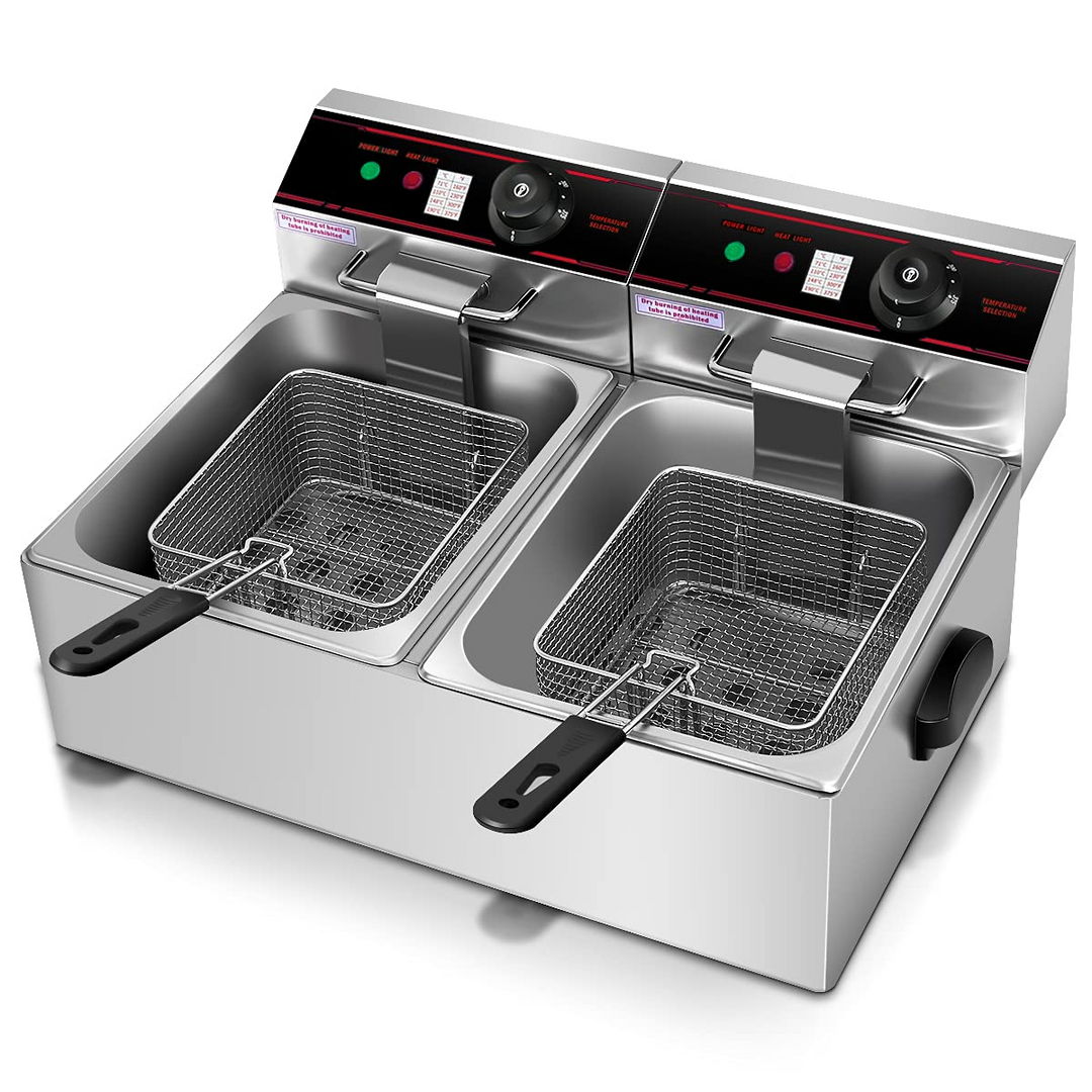 Giantex 3400W Commercial Deep Fryer Dual Tank, 12.8QT Stainless Steel Electric Deep Fryer with 2 Baskets