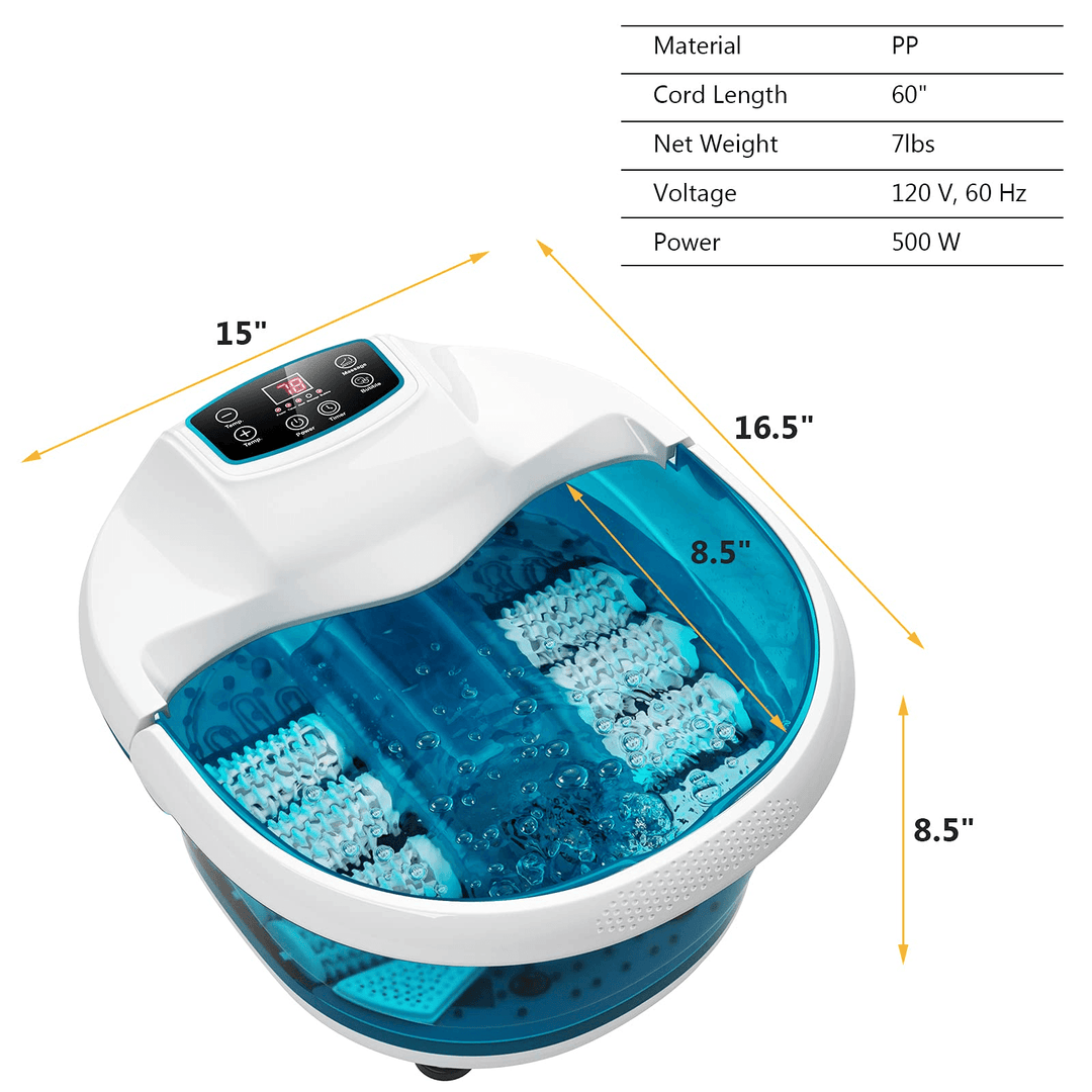 Giantex Foot Spa Bath Massager with Heat Bubbles, 6 Motorized Massage Rollers, Fast Heating, Red Light, Adjustable Temperature &amp; Time (Blue/White) - Giantexus