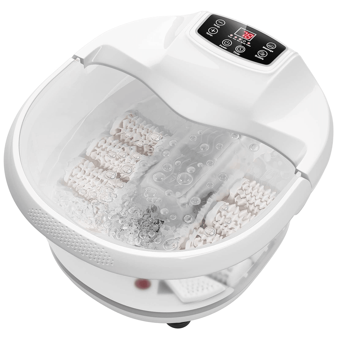 Giantex Foot Spa Bath Massager with Heat Bubbles, 6 Motorized Massage Rollers, Fast Heating, Red Light, Adjustable Temperature &amp; Time (Blue/White) - Giantexus