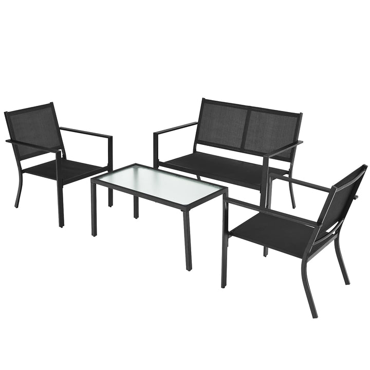 Giantex 4 Pieces Patio Furniture Set, Outdoor Conversation Set, Loveseat Bench with 2 Patio Chairs &amp; Tempered Glass Coffee Table