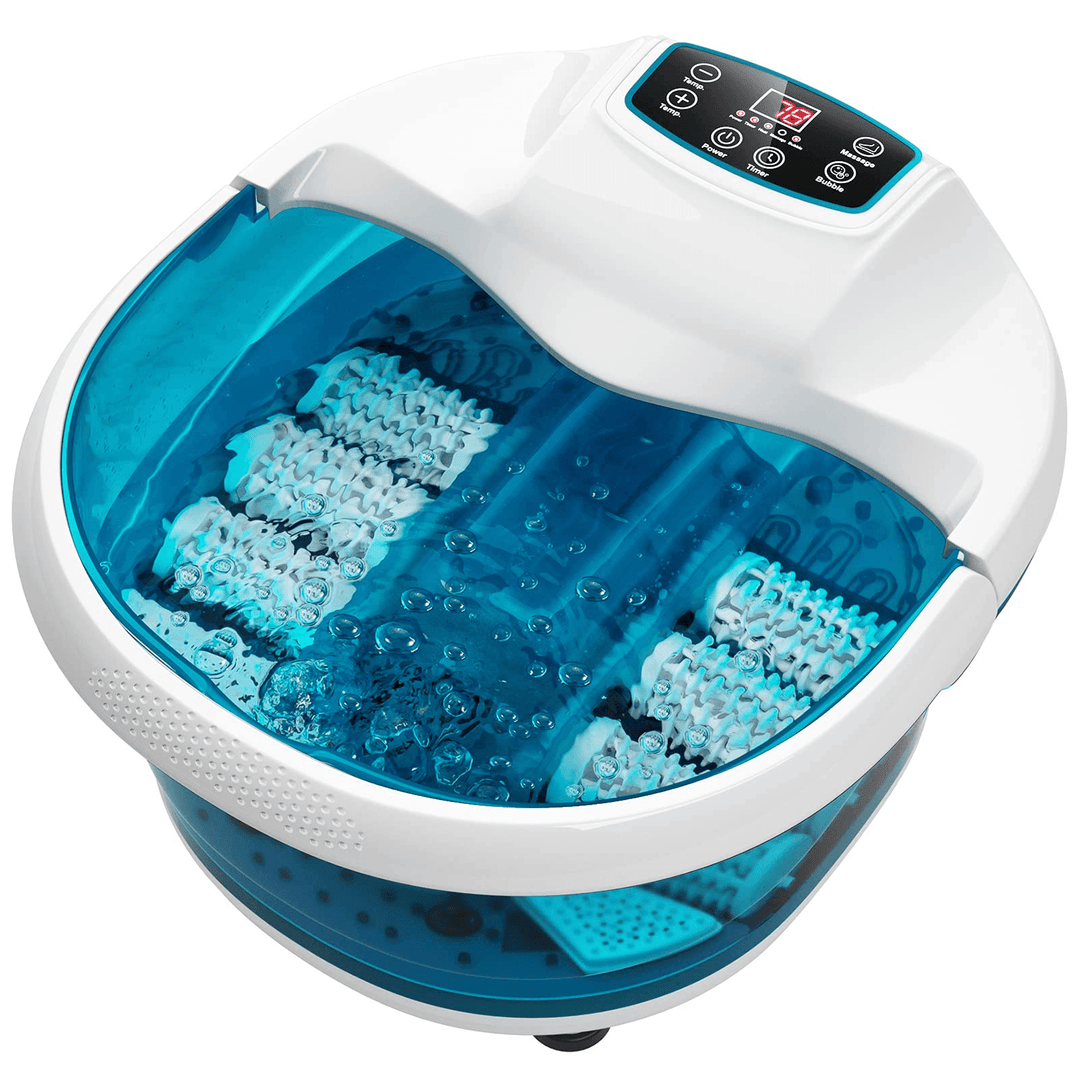 Giantex Foot Spa Bath Massager with Heat Bubbles, 6 Motorized Massage Rollers, Fast Heating, Red Light, Adjustable Temperature &amp; Time (Blue/White) - Giantexus