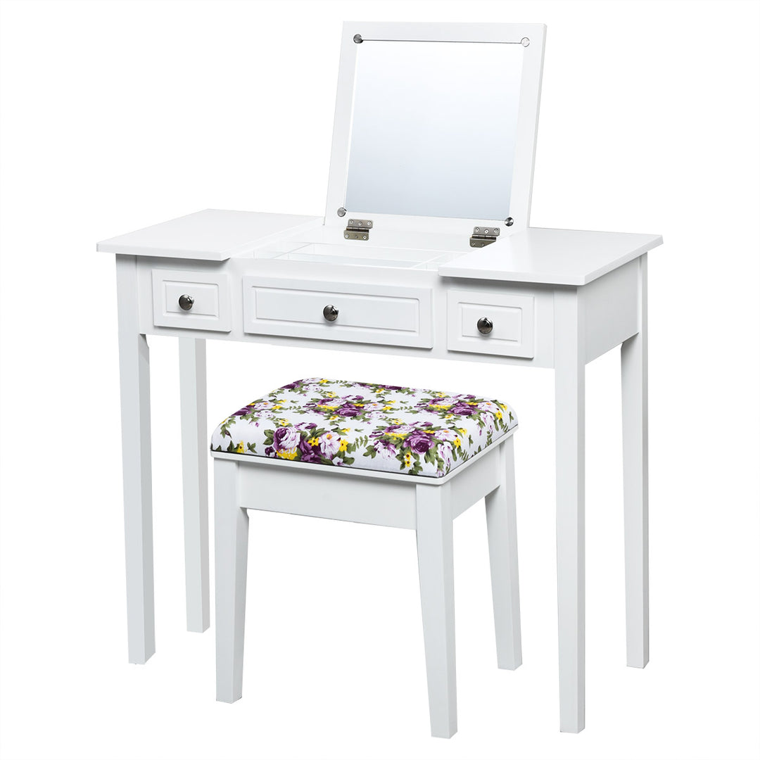 CHARMAID Vanity Set with Flip Top Mirror and 3 Drawers &amp;7 Compartments, White - Giantexus