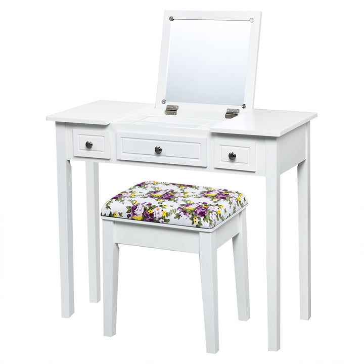 CHARMAID Vanity Set with Flip Top Mirror and 3 Drawers &amp;7 Compartments, White - Giantexus