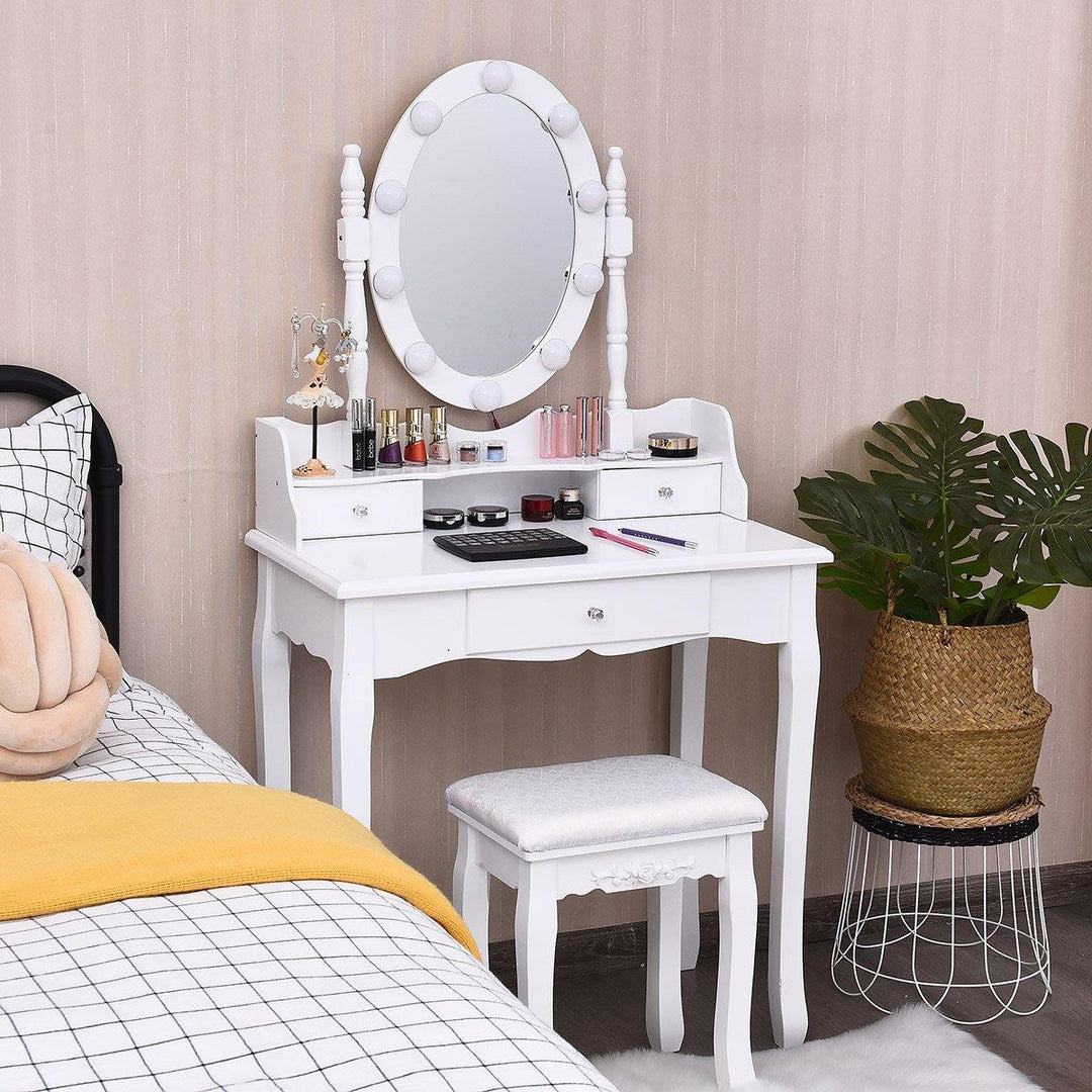 CHARMAID | Vanity Set with Lighted Oval Mirror, Makeup Dressing Table with 10 LED Dimmable Bulbs and 3 Drawers - Giantexus