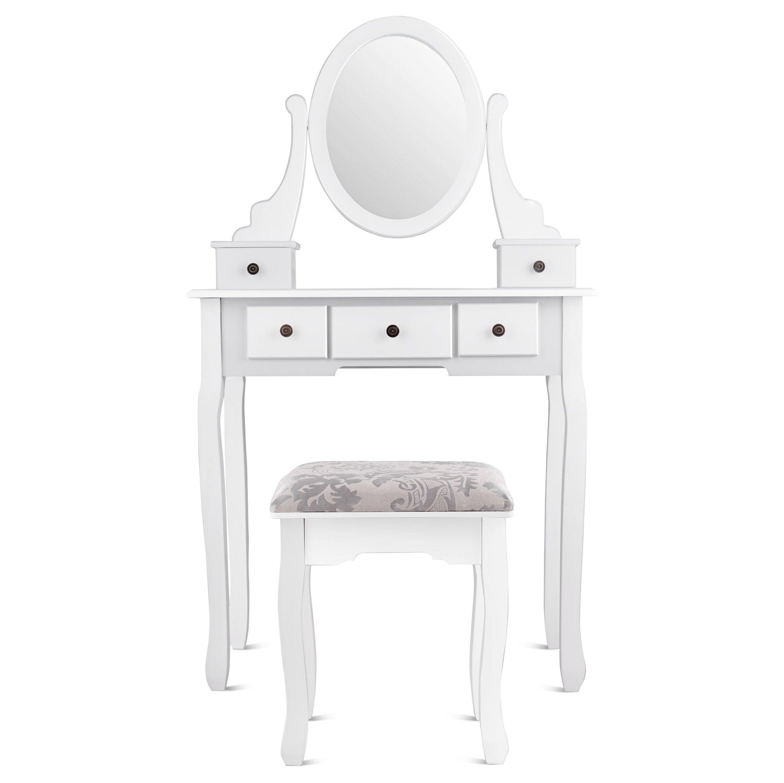 Vanity Set with Oval Mirror and 5 Drawers Girls Women Makeup Organizer Table, White - Giantexus