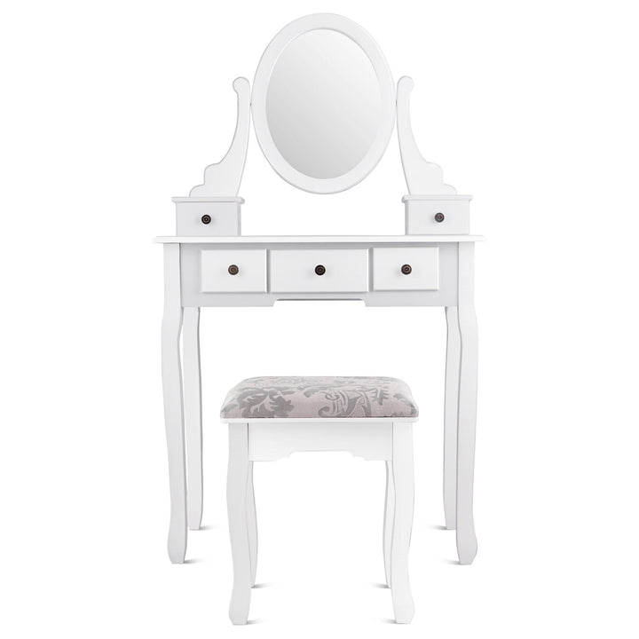 Vanity Set with Oval Mirror and 5 Drawers Girls Women Makeup Organizer Table, White - Giantexus