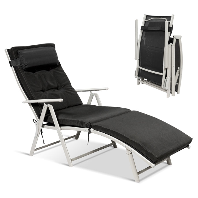 Pool Folding Reclining Beach Chair W/Removable Cushion&amp;Headrest Pillow