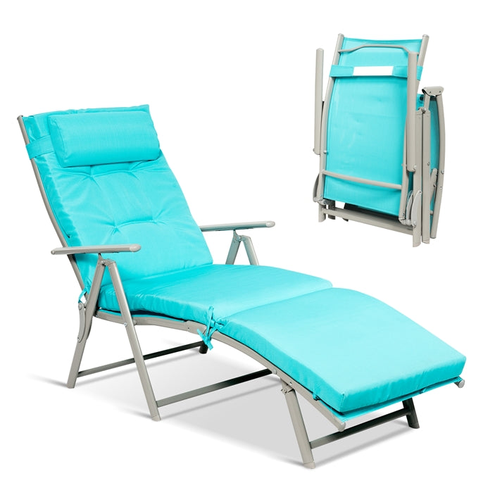 Pool Folding Reclining Beach Chair W/Removable Cushion&amp;Headrest Pillow