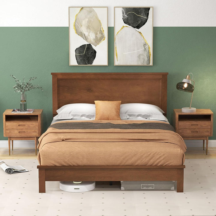 Giantex Queen/Full/Twin Size Wood Platform Bed Frame with Headboard, Mid Century Bed Frame with Solid Wood Legs &amp; Wooden Slat Support