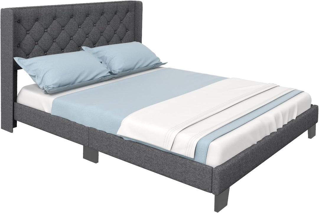 Giantex Queen/Full/Twin Size Bed Frame with Button Tufted Headboard, Modern Fabric Upholstered Platform Bed with Wingback Design, Grey
