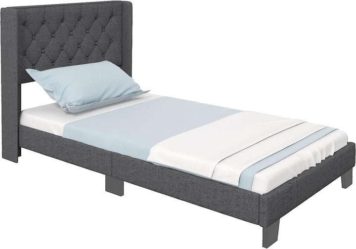 Giantex Queen/Full/Twin Size Bed Frame with Button Tufted Headboard, Modern Fabric Upholstered Platform Bed with Wingback Design, Grey