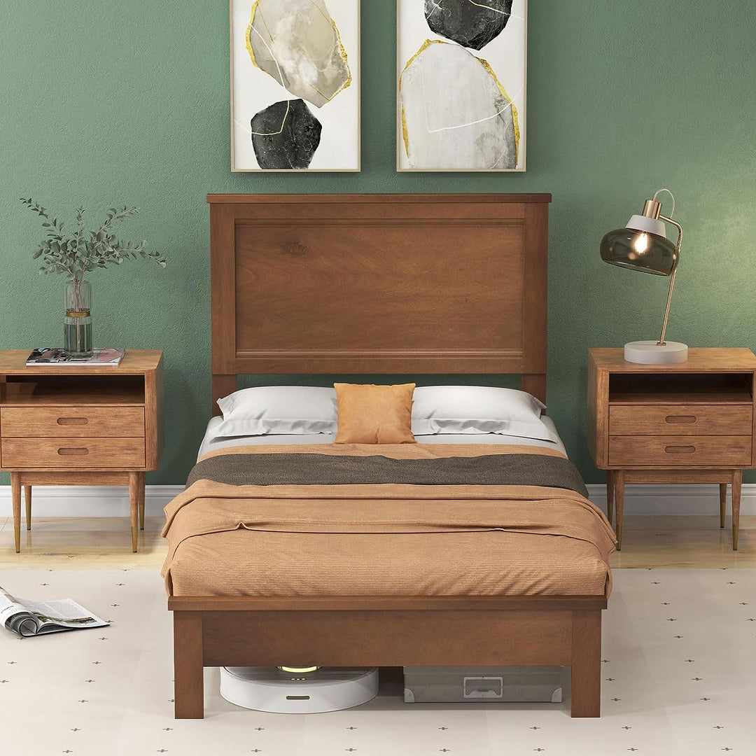 Giantex Queen/Full/Twin Size Wood Platform Bed Frame with Headboard, Mid Century Bed Frame with Solid Wood Legs &amp; Wooden Slat Support