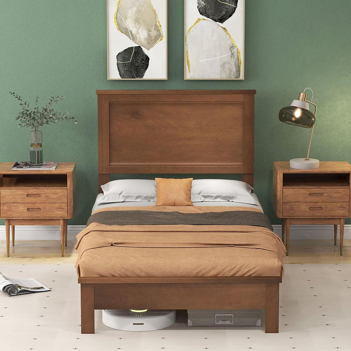 Giantex Queen/Full/Twin Size Wood Platform Bed Frame with Headboard, Mid Century Bed Frame with Solid Wood Legs &amp; Wooden Slat Support