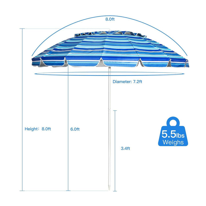 8 Ft Beach Umbrella, Patio Sunshade Umbrella with Sand Anchor &amp; Tilt Mechanism, 16 Fiberglass Ribs - Giantexus
