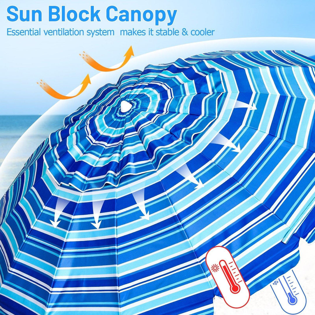 8 Ft Beach Umbrella, Patio Sunshade Umbrella with Sand Anchor &amp; Tilt Mechanism, 16 Fiberglass Ribs - Giantexus