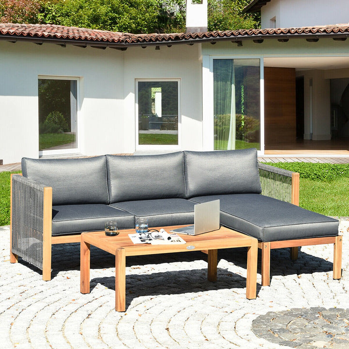 Giantex 3 Piece Outdoor Patio Furniture Set, Acacia Wood Sectional Sofa w/ Seat Cushions (Grey)