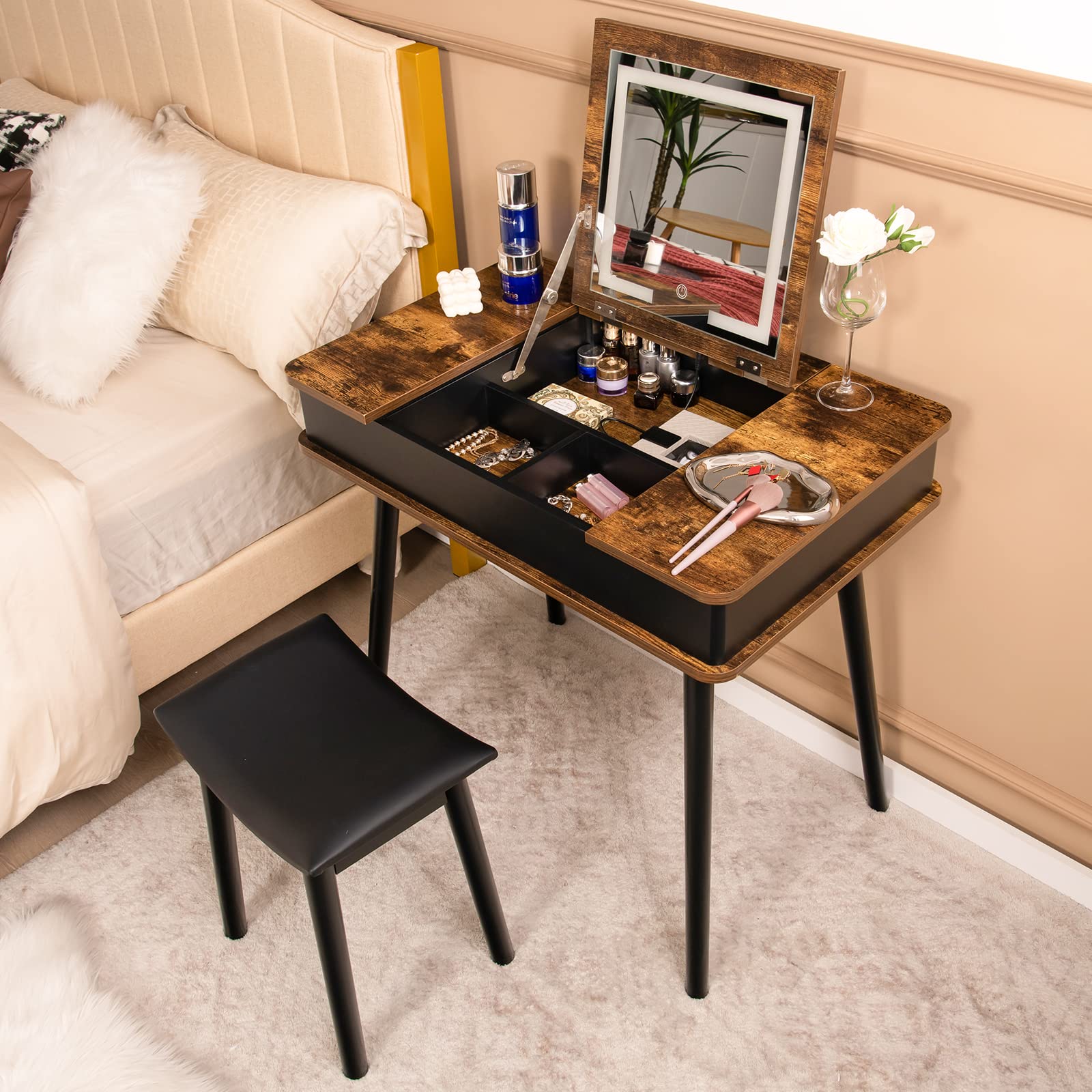 CHARMAID Vanity Desk with 3-Color Lighted Flip Top Mirror