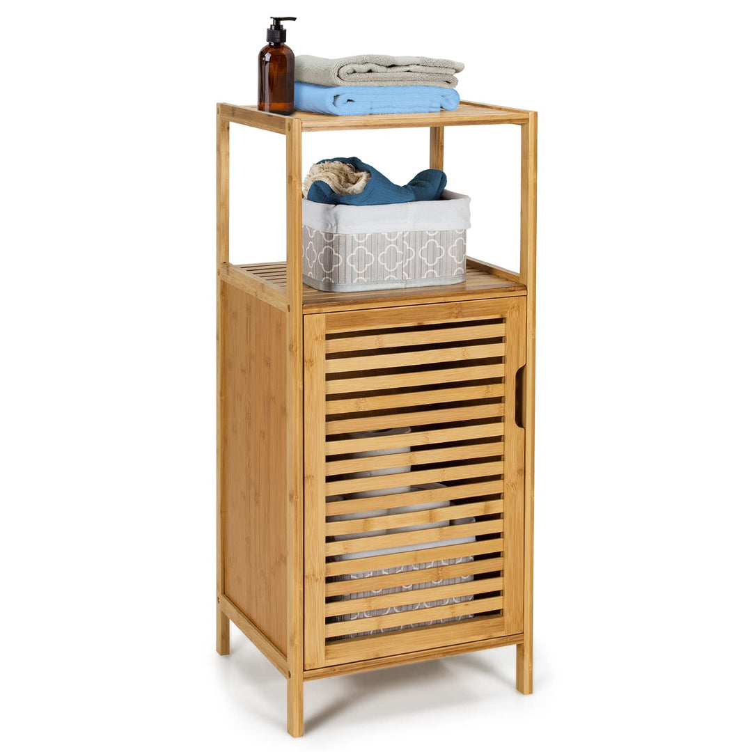 Giantex Bathroom Floor Cabinet, Bamboo Storage Cabinet w/Single Door &amp; Open Shelves