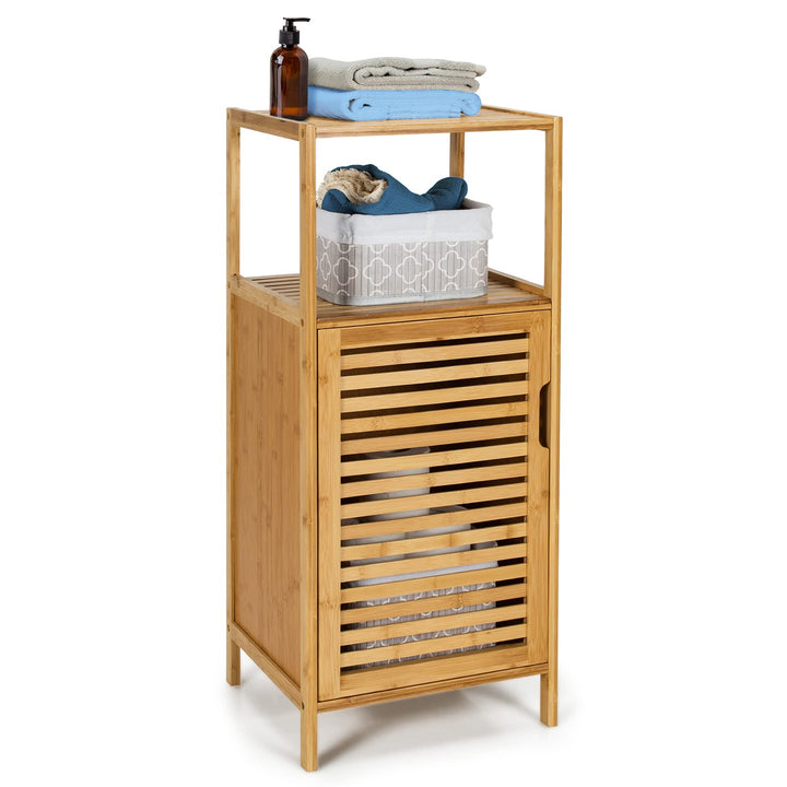 Giantex Bathroom Floor Cabinet, Bamboo Storage Cabinet w/Single Door &amp; Open Shelves