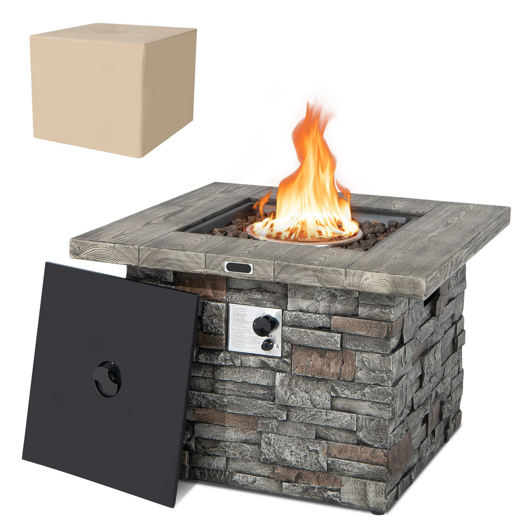 34.5" Propane Gas Fire Pit Table - Patio 2-in-1 Outdoor Square Fire Table W/ Volcanic Rock &amp; PVC Cover