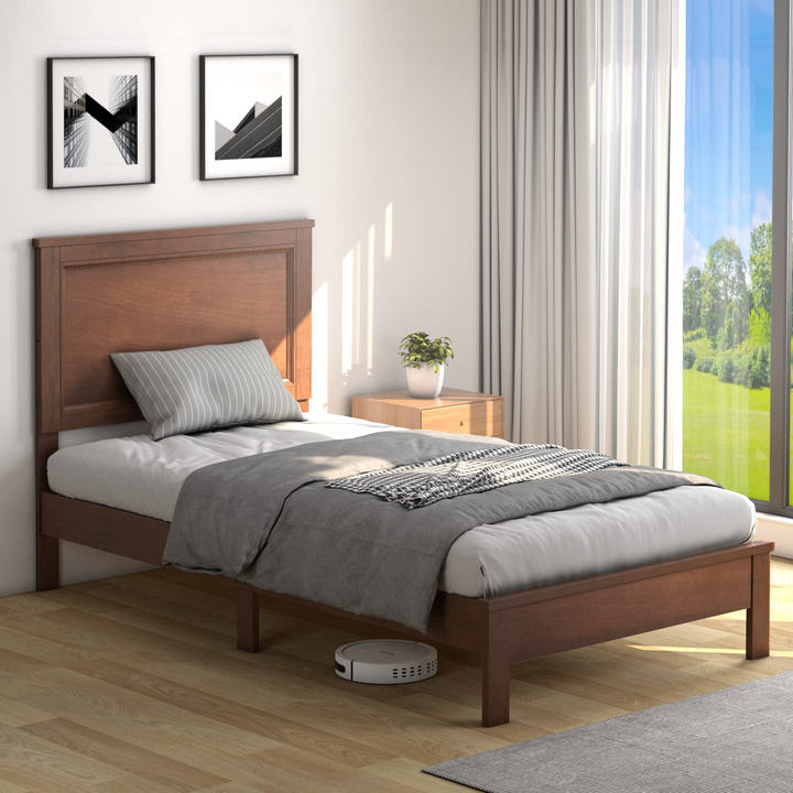 Queen/Full/Twin Size Platform Bed w/ Rubber Wood Legs &amp; Integrated Headboard | Wooden Bed Frame
