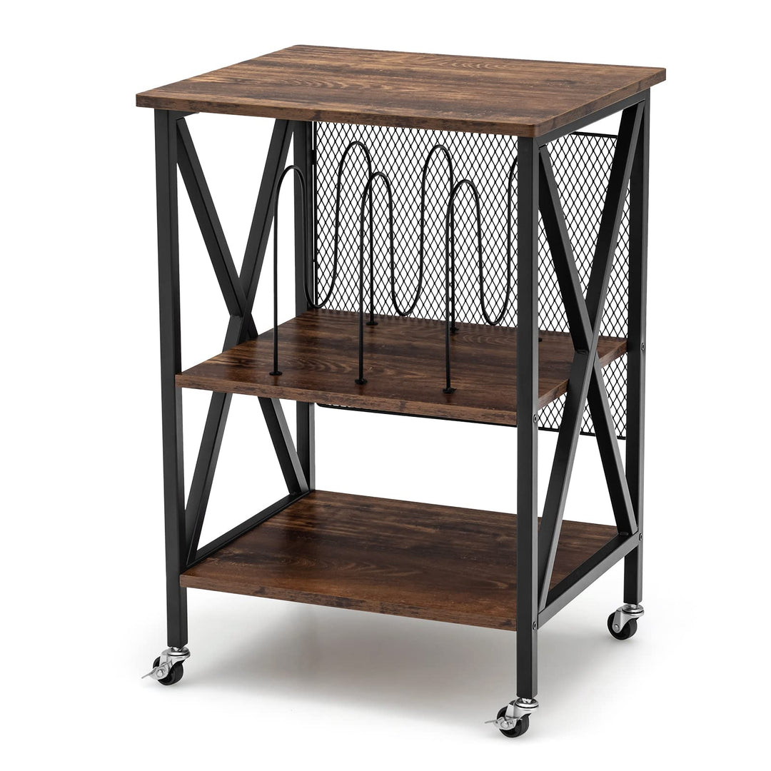 Giantex Record Player Stand, Vinyl Record Storage Table w/ 3 M-shaped Dividers &amp; 4 Rolling Wheels, Rustic Brown