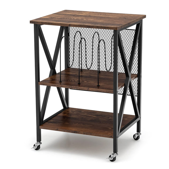 Giantex Record Player Stand, Vinyl Record Storage Table w/ 3 M-shaped Dividers &amp; 4 Rolling Wheels, Rustic Brown