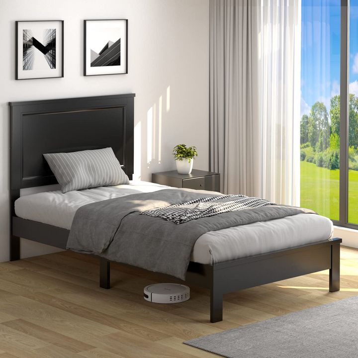 Queen/Full/Twin Size Platform Bed w/ Rubber Wood Legs &amp; Integrated Headboard | Wooden Bed Frame