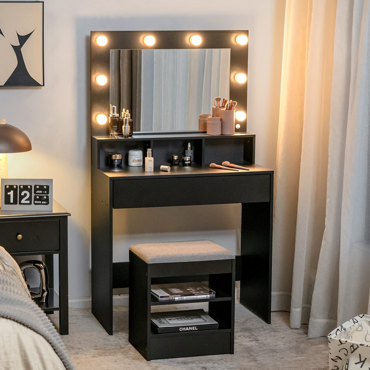 CHARMAID Vanity Table Set with Lighted Mirror, 8 Bulbs, Large Drawer