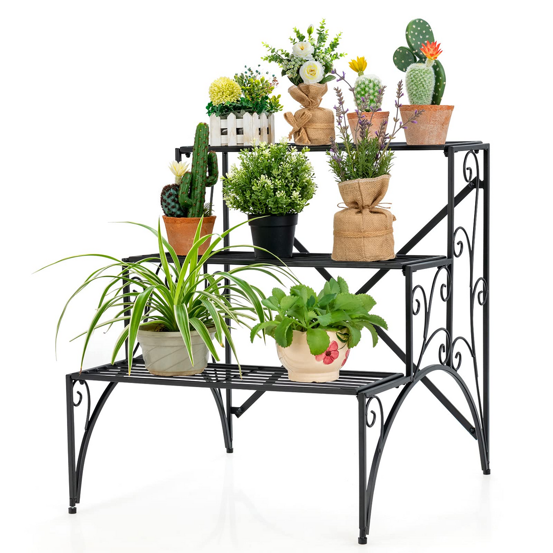 Ladder Style Flower Pot Stand with Widened Grid Shelf &amp; Non-Slip Foot Pads, 3 Tier