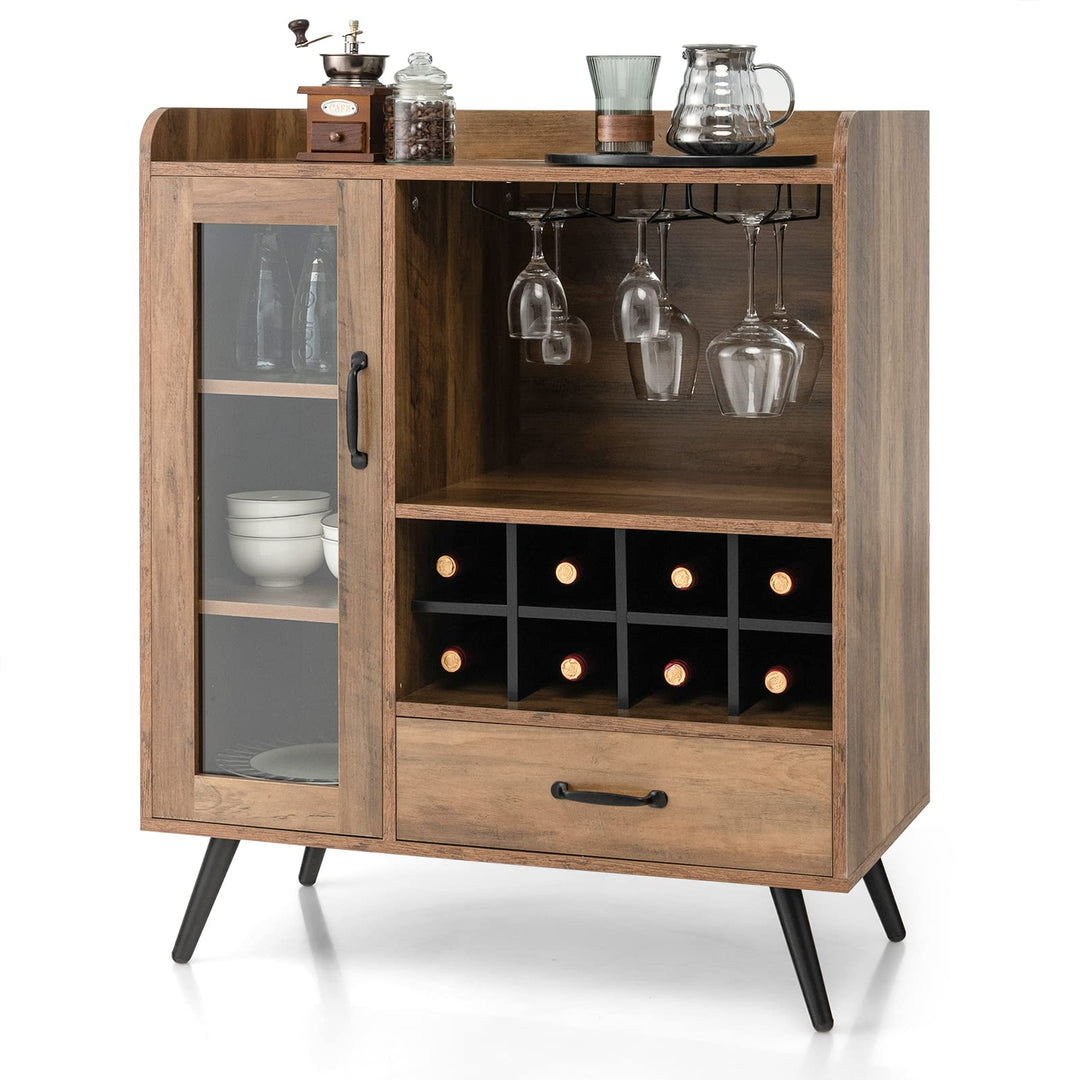 Giantex Buffet Sideboard with Drawer, Wine Cabinet for 8 Bottles, Glass Holder, 3 Tier Cupboard Tempered Glass Door (Rustic Brown &amp; Black)