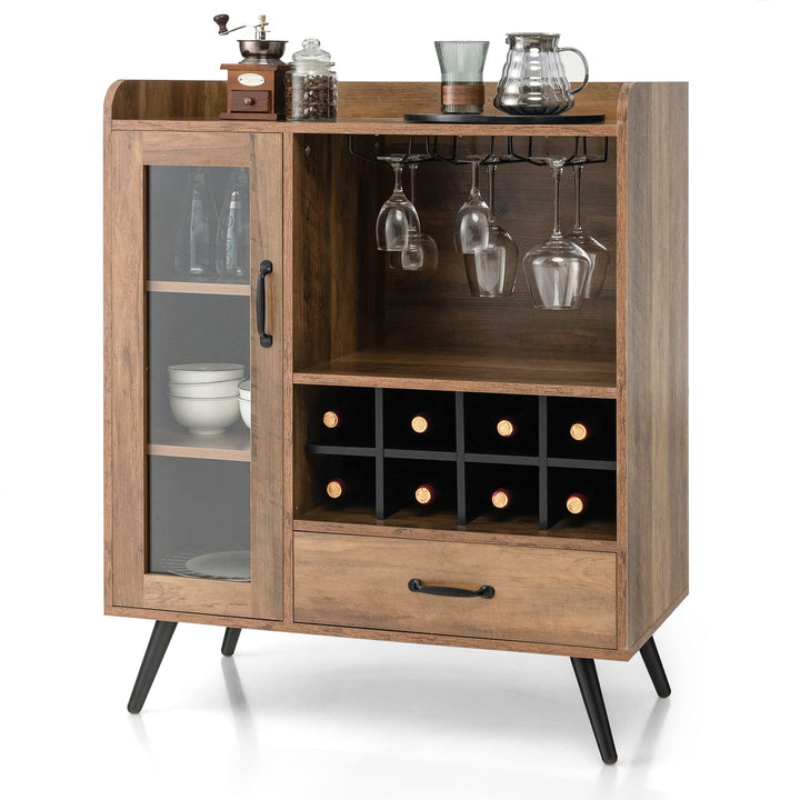 Giantex Buffet Sideboard with Drawer, Wine Cabinet for 8 Bottles, Glass Holder, 3 Tier Cupboard Tempered Glass Door (Rustic Brown &amp; Black)